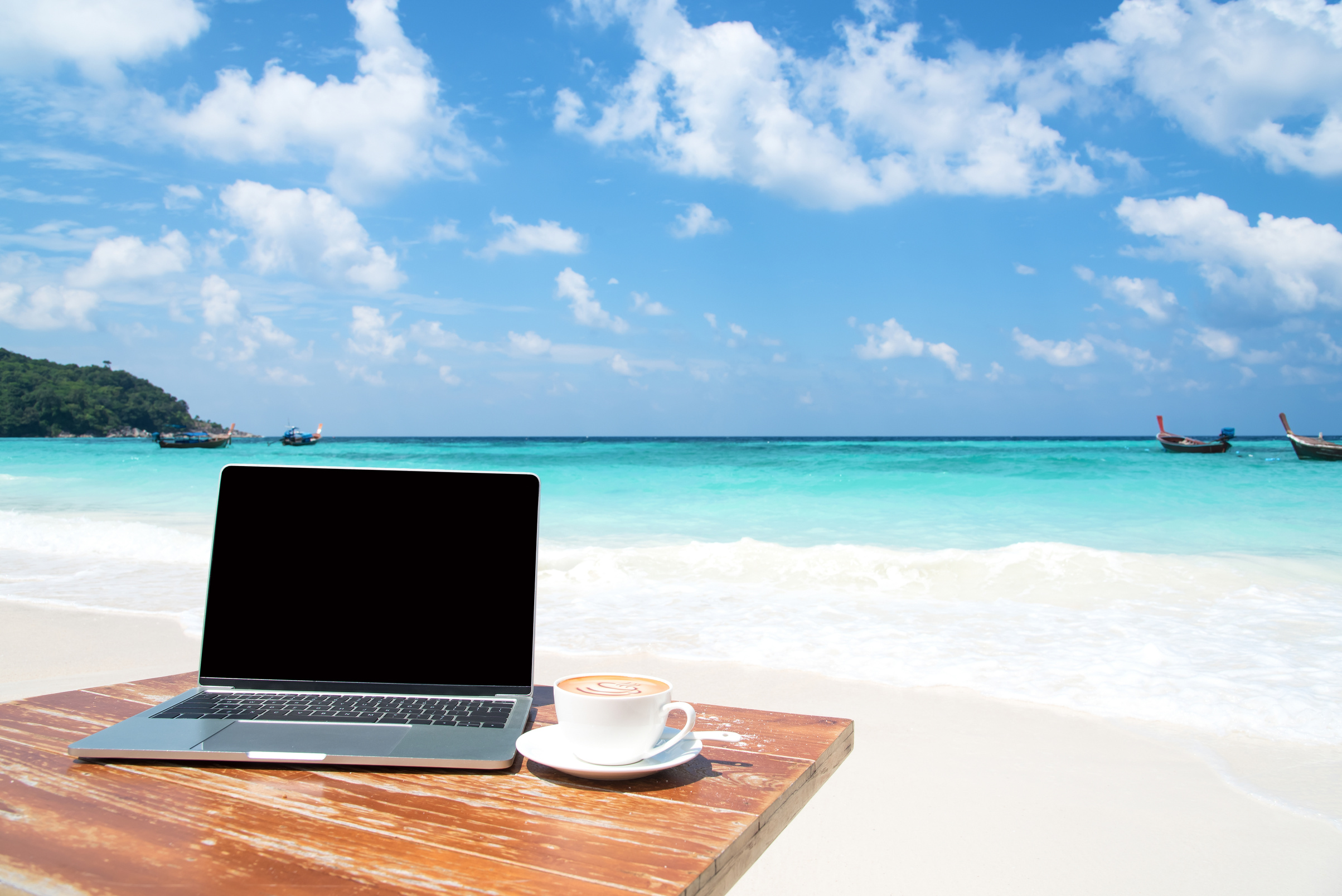 Mobile work office on the tropical beach